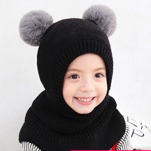 Kids Winter Hat | Knitted Baby Beanie with Neck Scarf and double Pom Pom - Picture 2 of 5